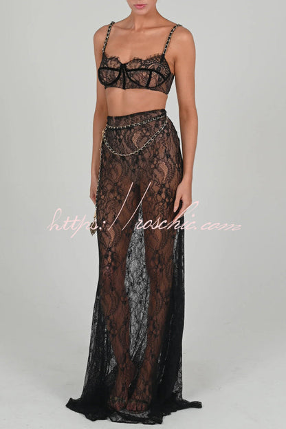 Stylish Lace Camisole Bra Top and Vacation See-through Maxi Fishtail Skirt Set
