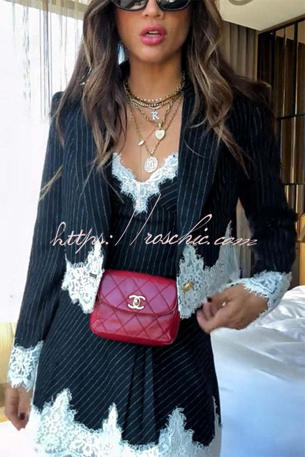 Emily in Paris Striped Lace Trim Lapel Crop Loose Blazer (Shipped Within 24 Hours)