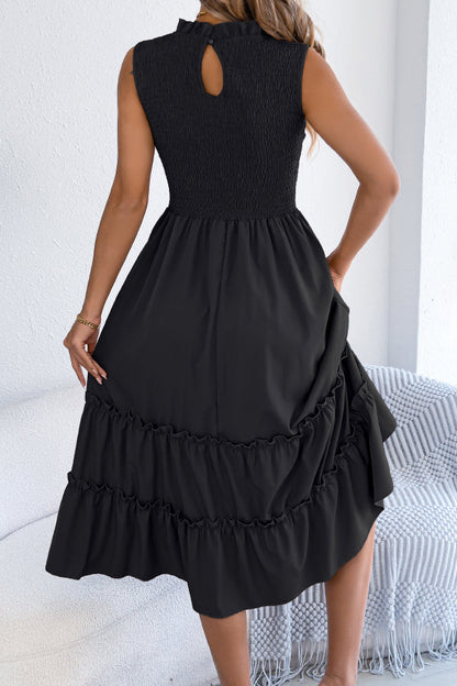 Solid Color Sleeveless Tucked Patchwork Casual Midi Dress
