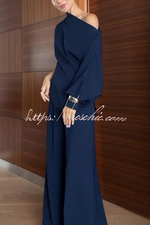 Cleo One Shoulder Irregular Balloon Sleeve Top and High Rise Pleated Button Waist Pocket Loose Pants Set