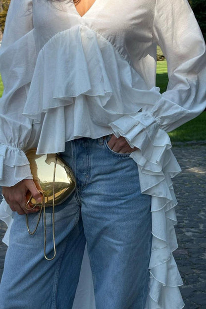 Solid Color V-neck Long-sleeved Ruffled Hem Long Shirt Top