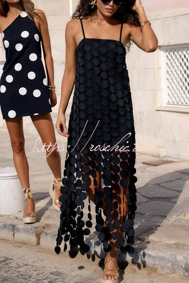 Juju Embroidered Cutout Polka Dots Square Neck Tassel Hem Slip Maxi Dress