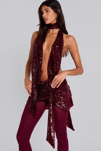 Sequin Halter Deep V Backless  Bodycon Sequin Dress