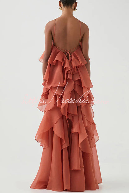 Free - Flowing Rose Detail Tiered Ruffles Halter A-line Maxi Dress