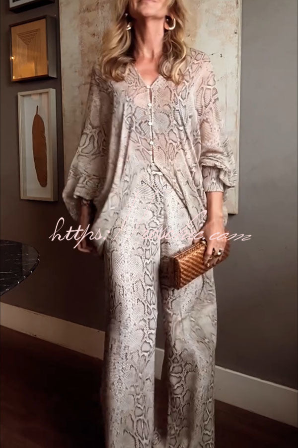 Iselle Animal Print Button Up Batwing Sleeve Shirt and Elastic Waist Wide Leg Pants Set