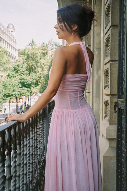 Vestido maxi de malla con cuello de pico, brida sólida y cintura deshuesada
