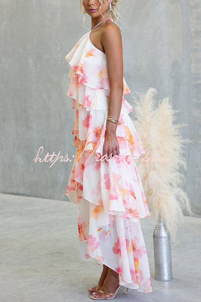 Poetic Eden Chiffon Floral Print Tiered Ruffles Halter A-line Maxi Dress