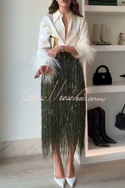 Party Crasher Feather Trim Long Sleeve Button Up Loose Blouse (Shipped Within 24 Hours)