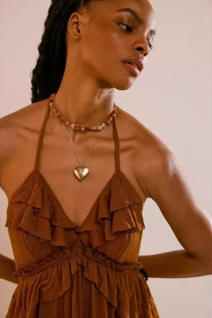 Solid Color V Neck Backless Strappy  Boho Dress