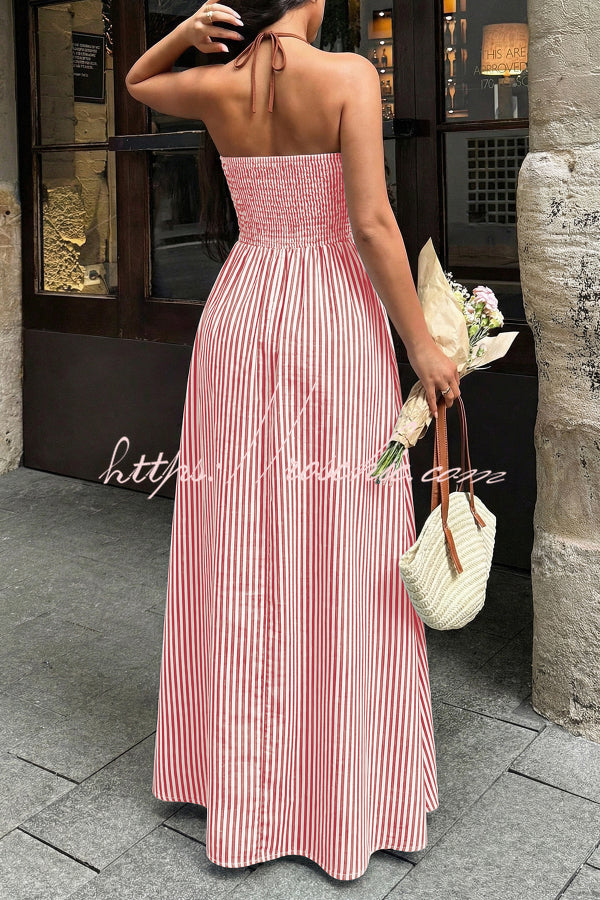 Striped Print V-Neck Sleeveless Backless Holiday Maxi Dress