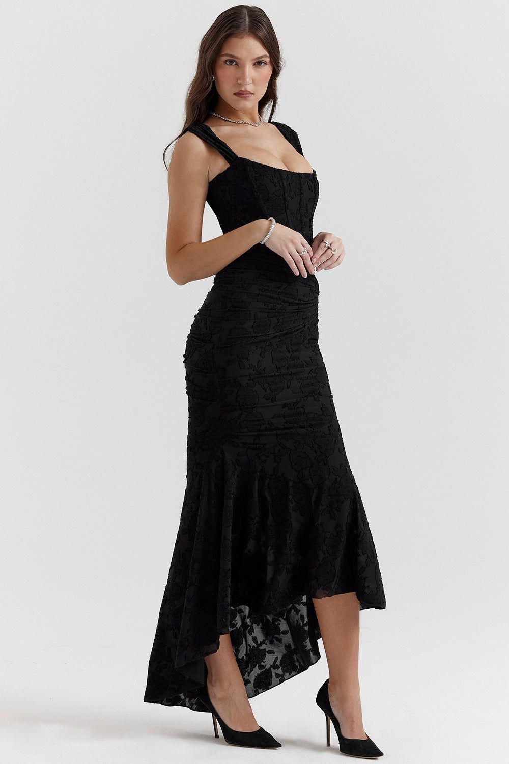 Vestido de gala de sirena de jacquard de malla elástica