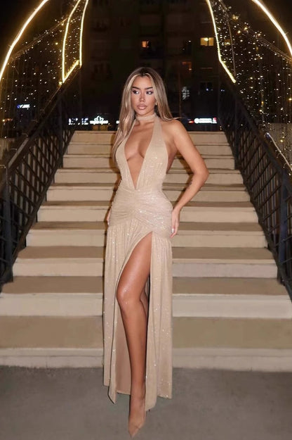 Sleeveless Backless Deep V Sequin Slit  Formal Dress