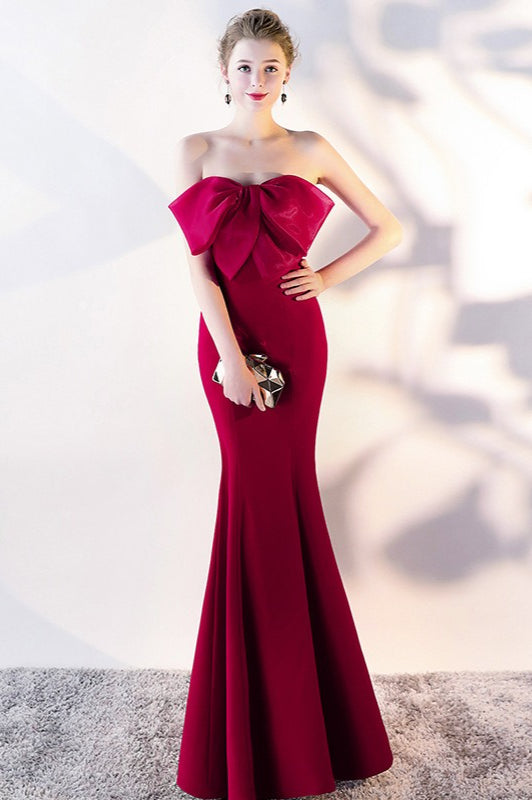 Vestido de Fiesta Largo de Sirena sin Tirantes con Lazo
