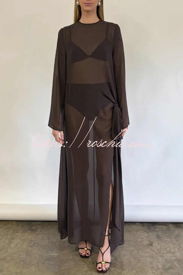 Fashionable Mesh See-through Round Neck Long Sleeve Tie Bow Slit Maxi Dress