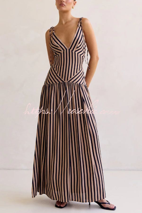 Striped Print Tie Backless Sleeveless V-Neck Elegant Maxi Dress