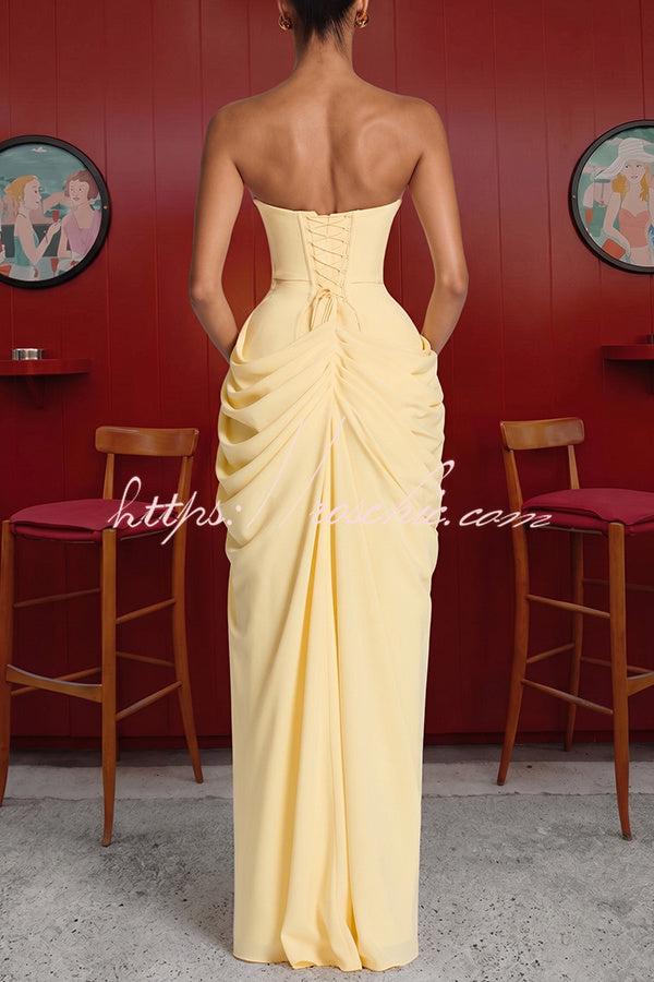 Cyra Back Lace-up Asymmetrical Pleats Strapless Slit Maxi Dress