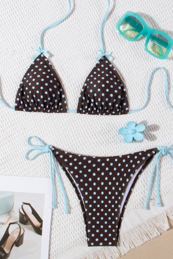 Polka Dot Print Bow Tie Stretch Two-piece Bikini Swimsuit