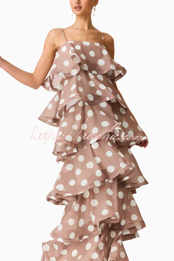 Polka Dot Print Layered Square Neck Suspender Casual A-line Maxi Dress