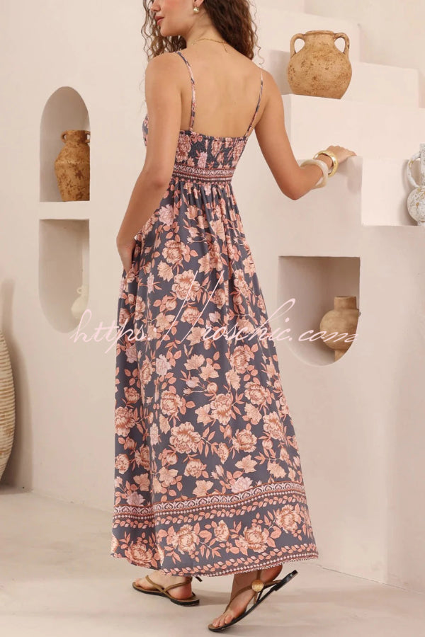 Floral Print Sleeveless Square Neck Backless Casual Vacation Maxi Dress