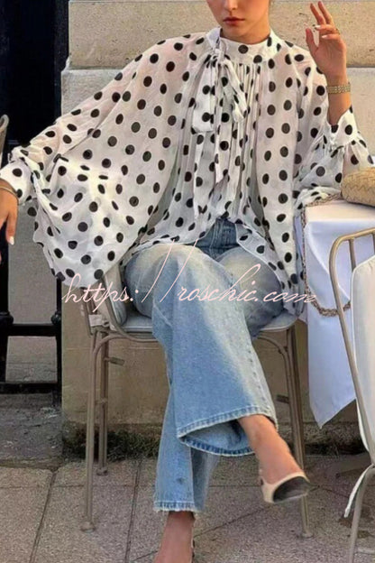 Polka Dot Print Tie-waist Lantern Sleeve Elegant Loose Shirt