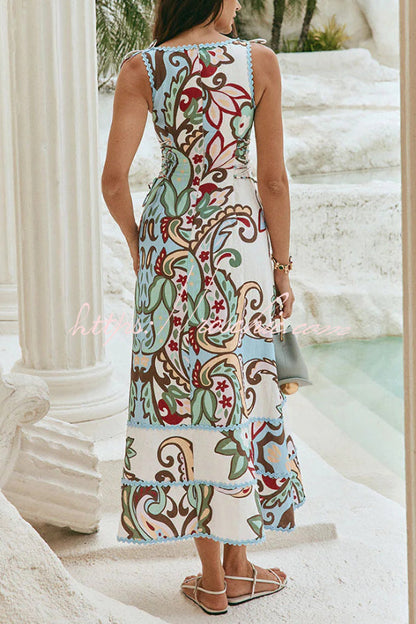 Unique Botanical Print Serrated Trim Round Neck Sleeveless Tie Casual Maxi Dress