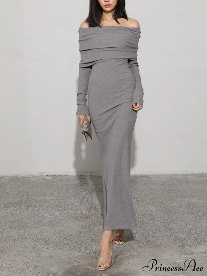 Charcoal Off Shoulder Overfold Modern Long Sleeve Long Dress