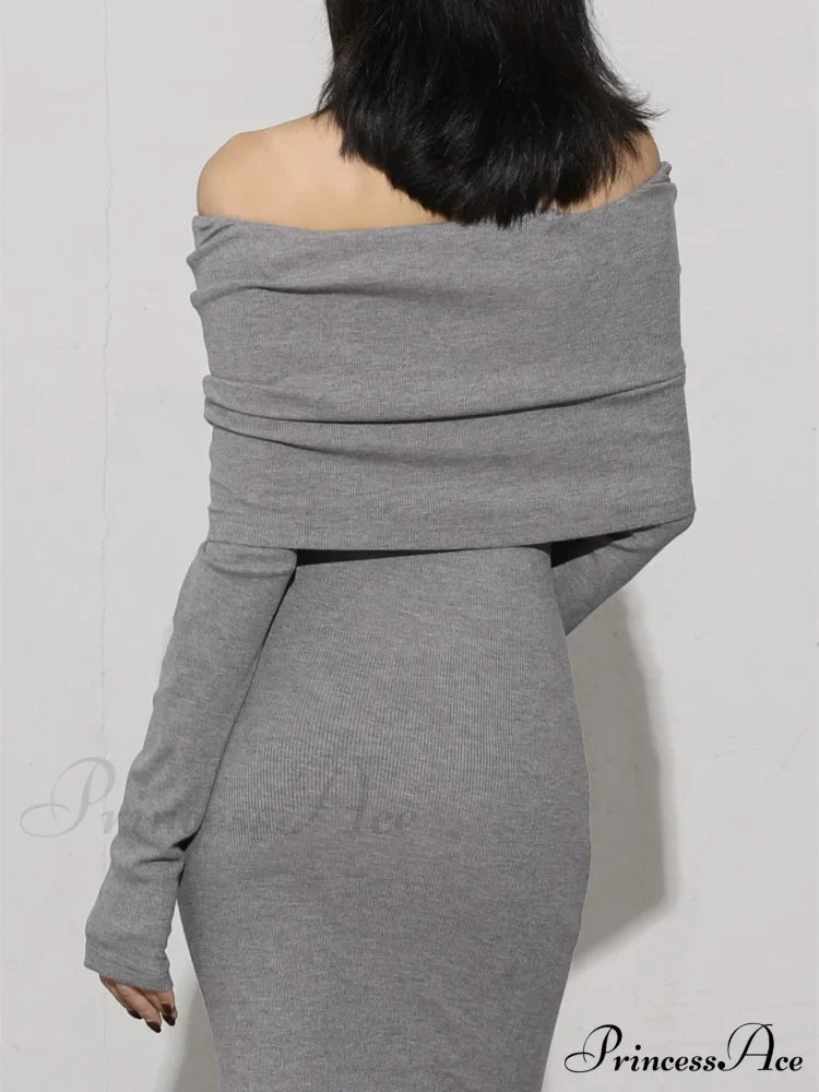 Charcoal Off Shoulder Overfold Modern Long Sleeve Long Dress