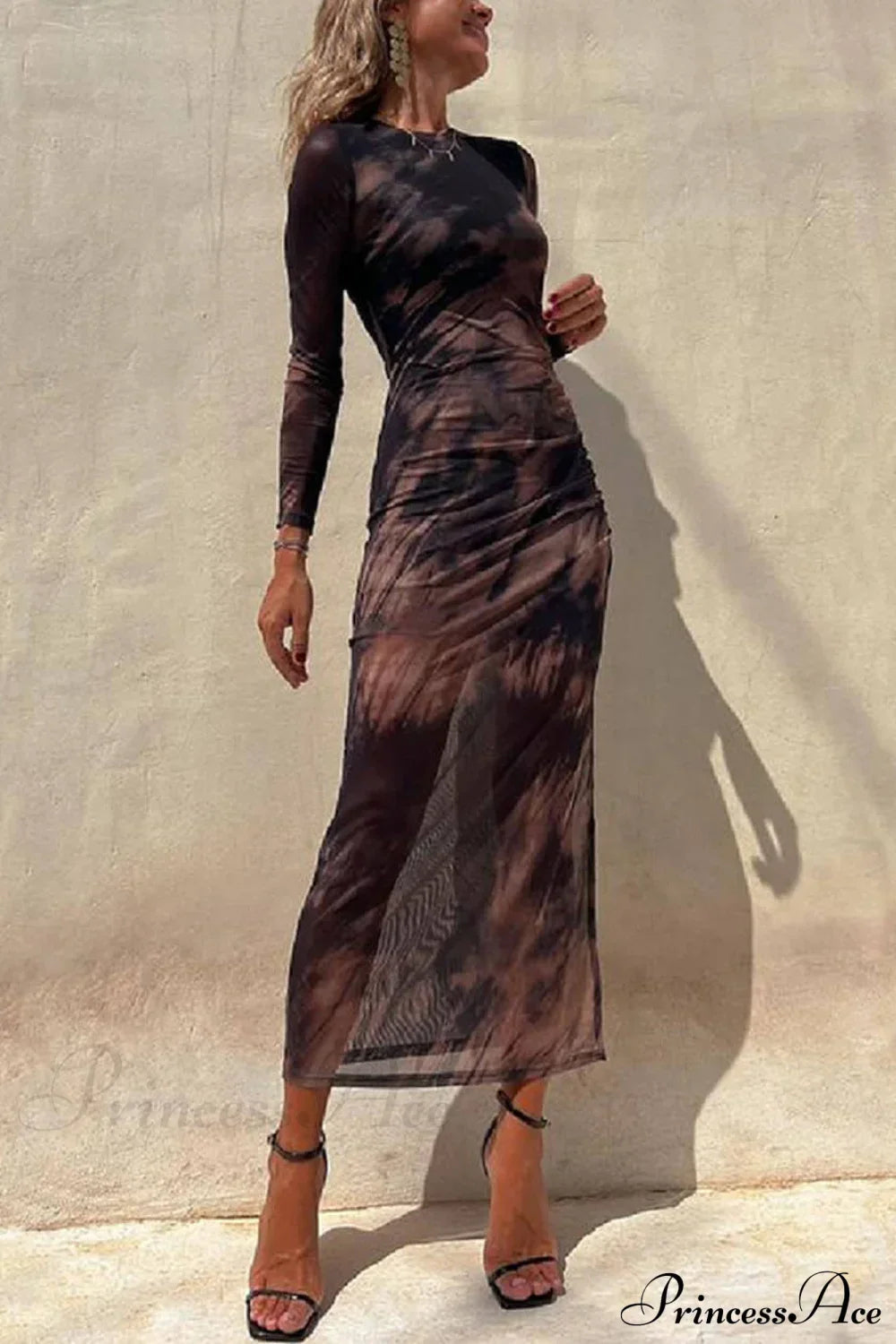 Charm Lady Mesh Overlay Tie Dye Modern Print Long Sleeve Ruched Stretch Midi Dress