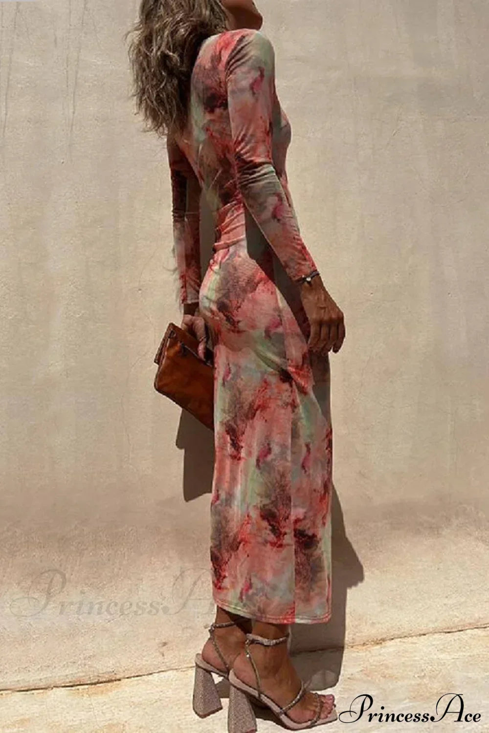 Charm Lady Mesh Overlay Tie Dye Modern Print Long Sleeve Ruched Stretch Midi Dress