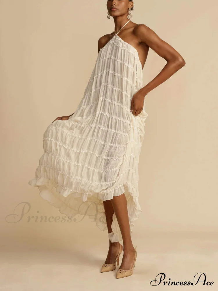 Charming Pleated Drawstring Waist Graceful Tiered Halterneck Midi Dress