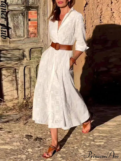 Check Print Belt Button Graceful Pocket Long Sleeve Midi Dress