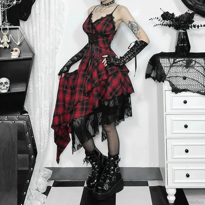 Checkered Suspenders Rebel Rock Midi Dress
