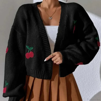 Cherry Embroidery Loose Long Sleeve Casual Knit Cardigan