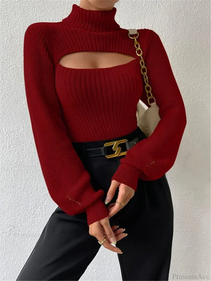Chest Hollowed-out Turtleneck Sexy Sweater