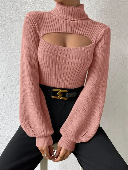 Chest Hollowed-out Turtleneck Sexy Sweater