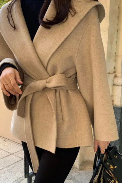 Chic Brown Woolen Hooded Overcoat