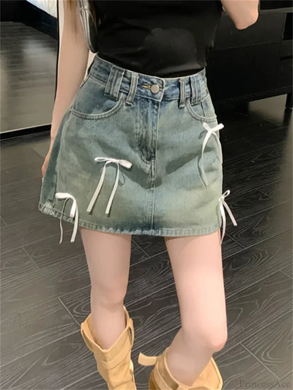 Chic Denim Bow Detail Skirt