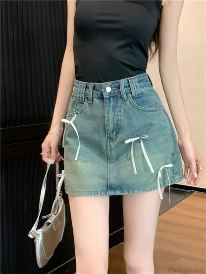 Chic Denim Bow Detail Skirt