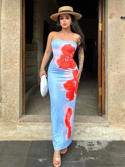 Chic Floral Strapless Midi Split Backless Dress