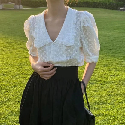 Chic Hollow Lace Puff Sleeve Peter Pan Collar Blouse