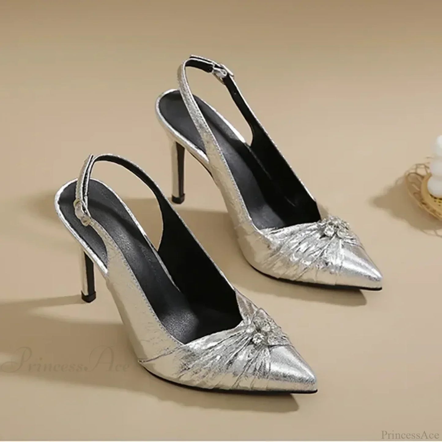Chic Pointed Pleated Leather Rhinestone Decorative Buckle Slingback Thin High Heels Office High Heel