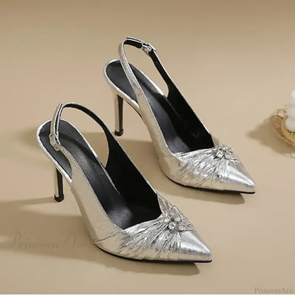 Chic Pointed Pleated Leather Rhinestone Decorative Buckle Slingback Thin High Heels Office High Heel