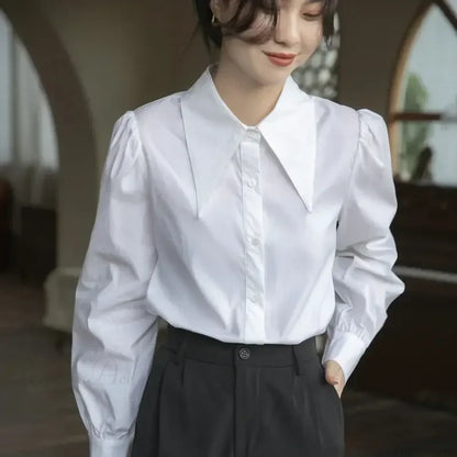 Chic Puff Sleeve Turn Down Collar White Blouse