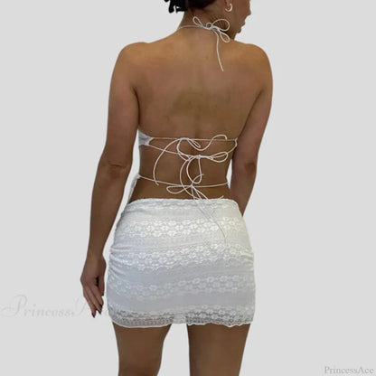 Chic V Neck Halter Tie-Up Bandage Crop Top Mini Pencil Skirt Two Pieces Set