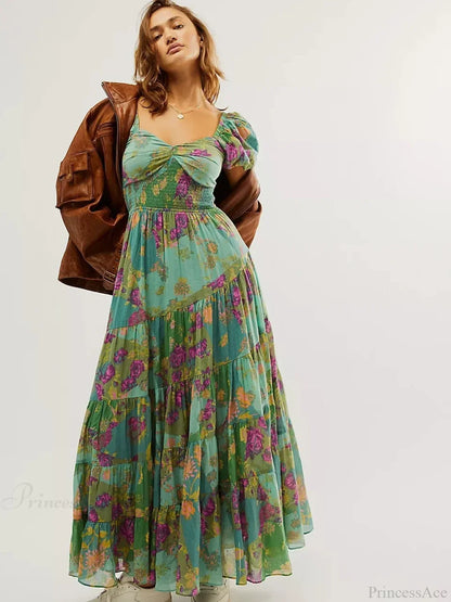 Chiffon Maxi Dress Floral Print Puff Sleeve