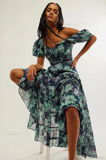 Chiffon Maxi Dress Floral Print Puff Sleeve