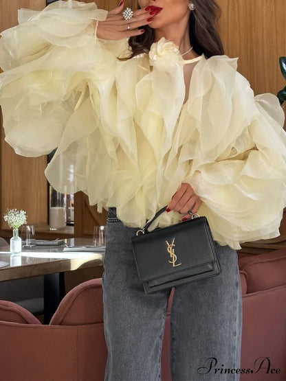 Chiffon Ruffled Graceful Crew Neck Blouse