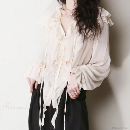 Chiffon Ruffles Bow Tie Long Sleeve Boho Blouse