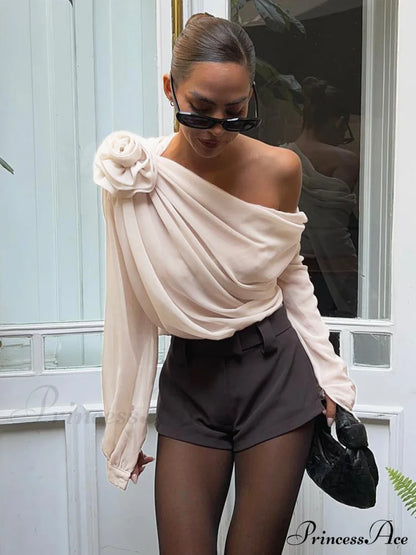 Chiffon Semi-sheer One Trendy Shoulder Asymmetrical Top