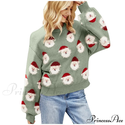Christmas Cozy Cute Santa Head Round Neck Casual Oversized Warm Winter Sweater